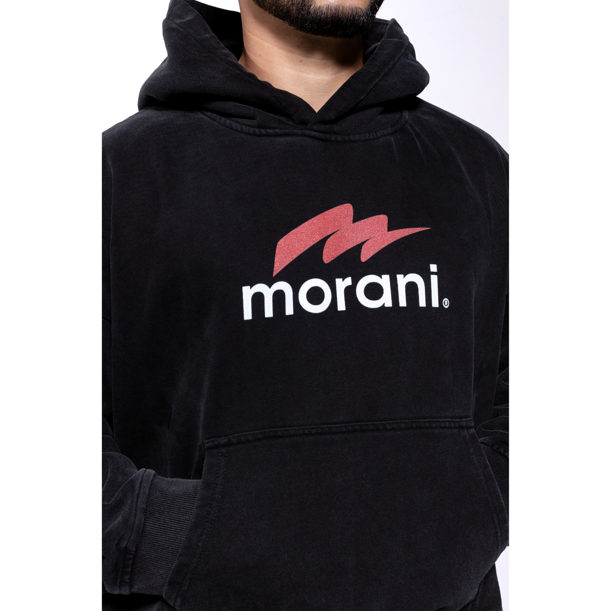Morani hoodie logo detail close-up