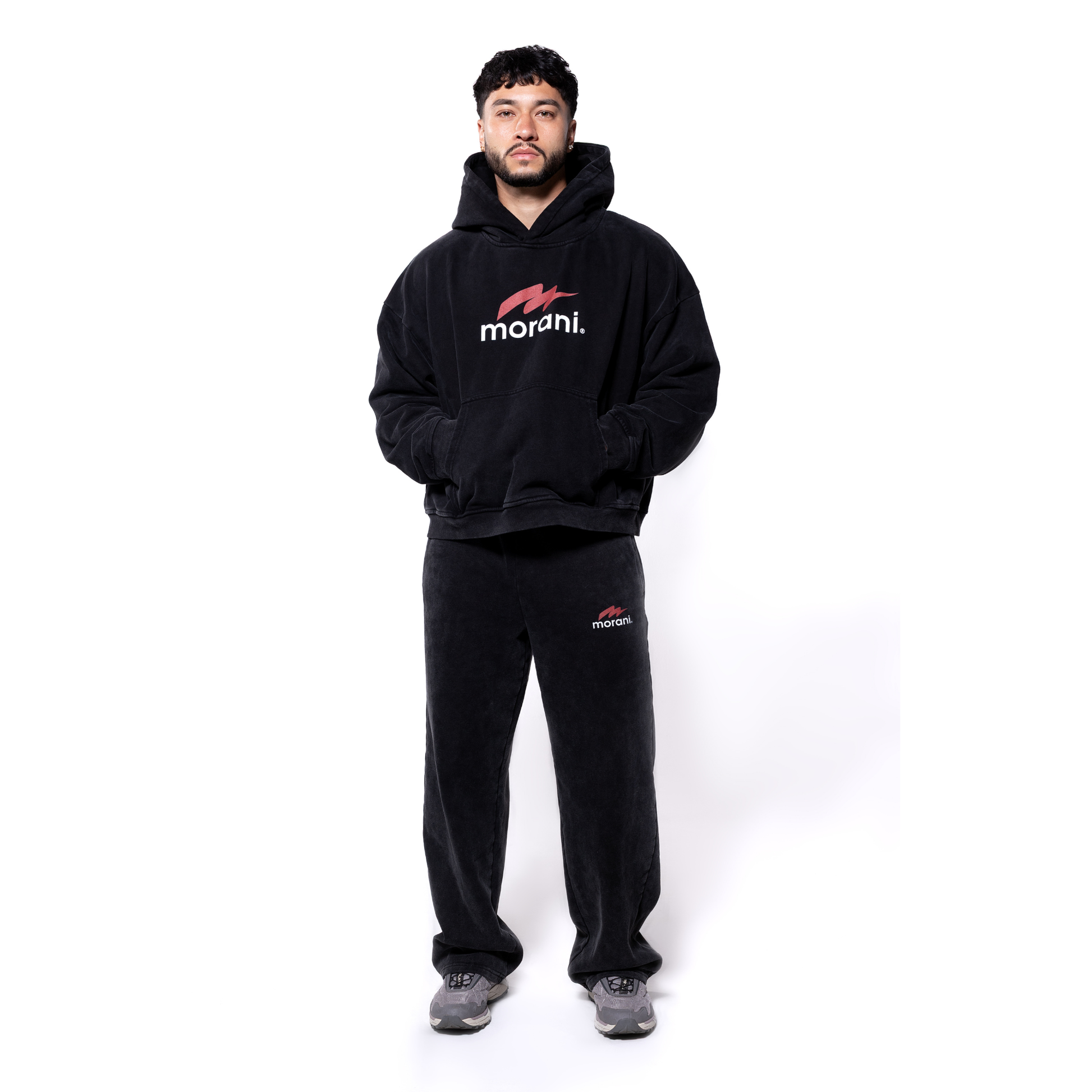 Morani oversized black hoodie worn on model front view