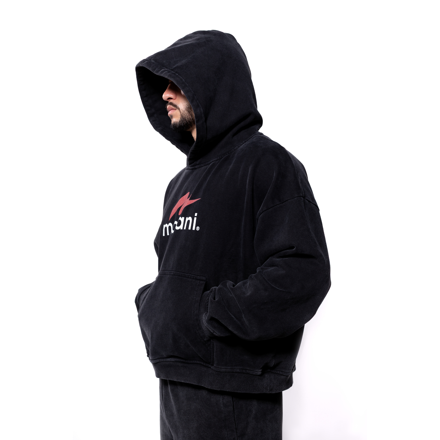 Morani oversized black hoodie worn on model with hood up