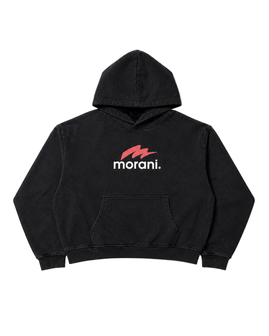 Morani oversized black hoodie flat lay front with logo